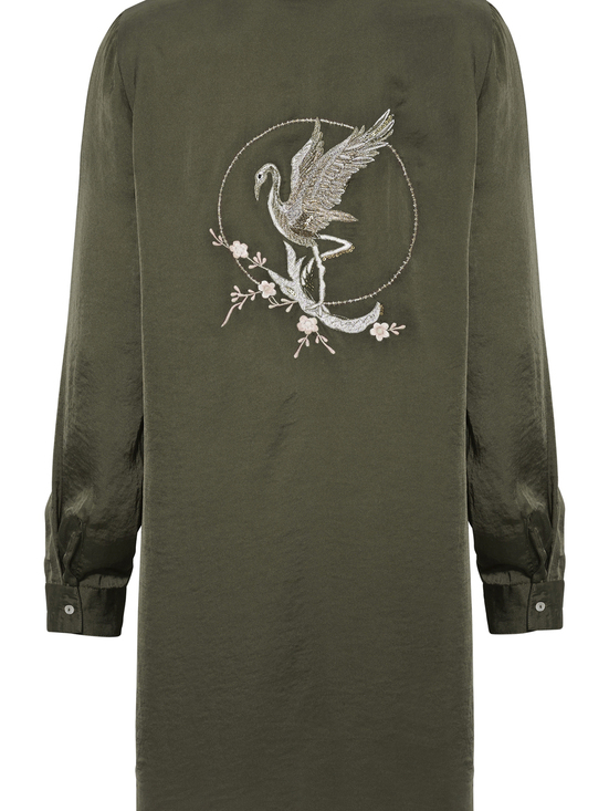 Zara Tops - Zara Trafaluc Olive Green Embroidered Crane Tunic Shirt Oversized Top - L